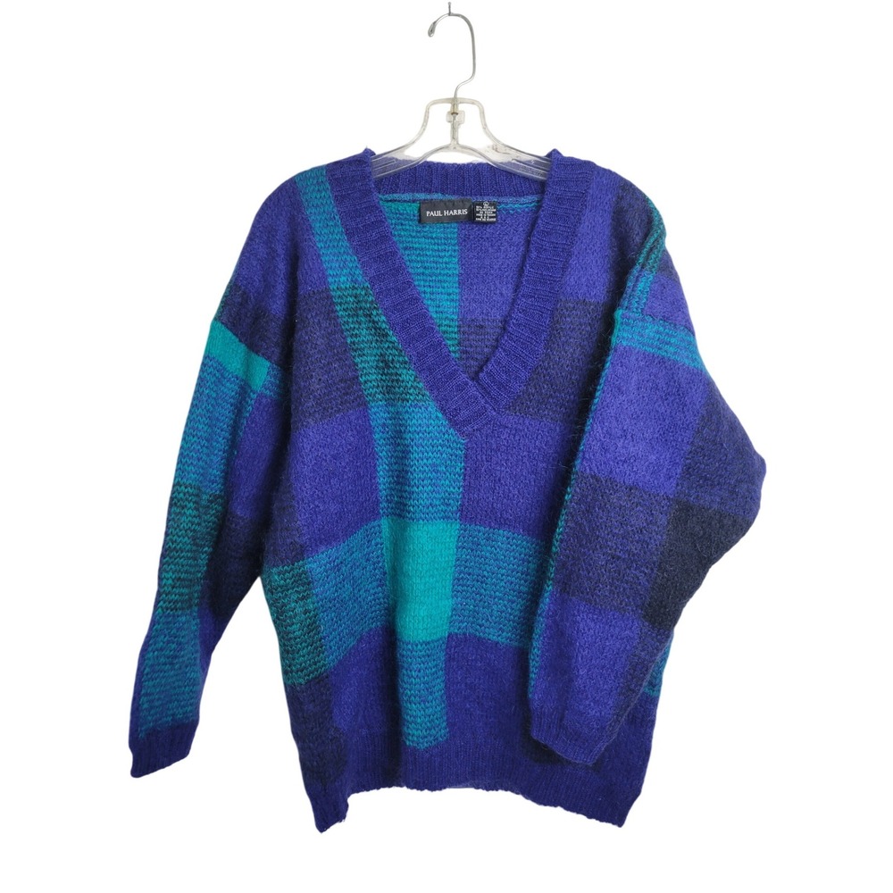 Vtg‎ 90s Paul Harris Sweater Women's Size L Blue Plaid Mohair Wool Blend V-Neck
